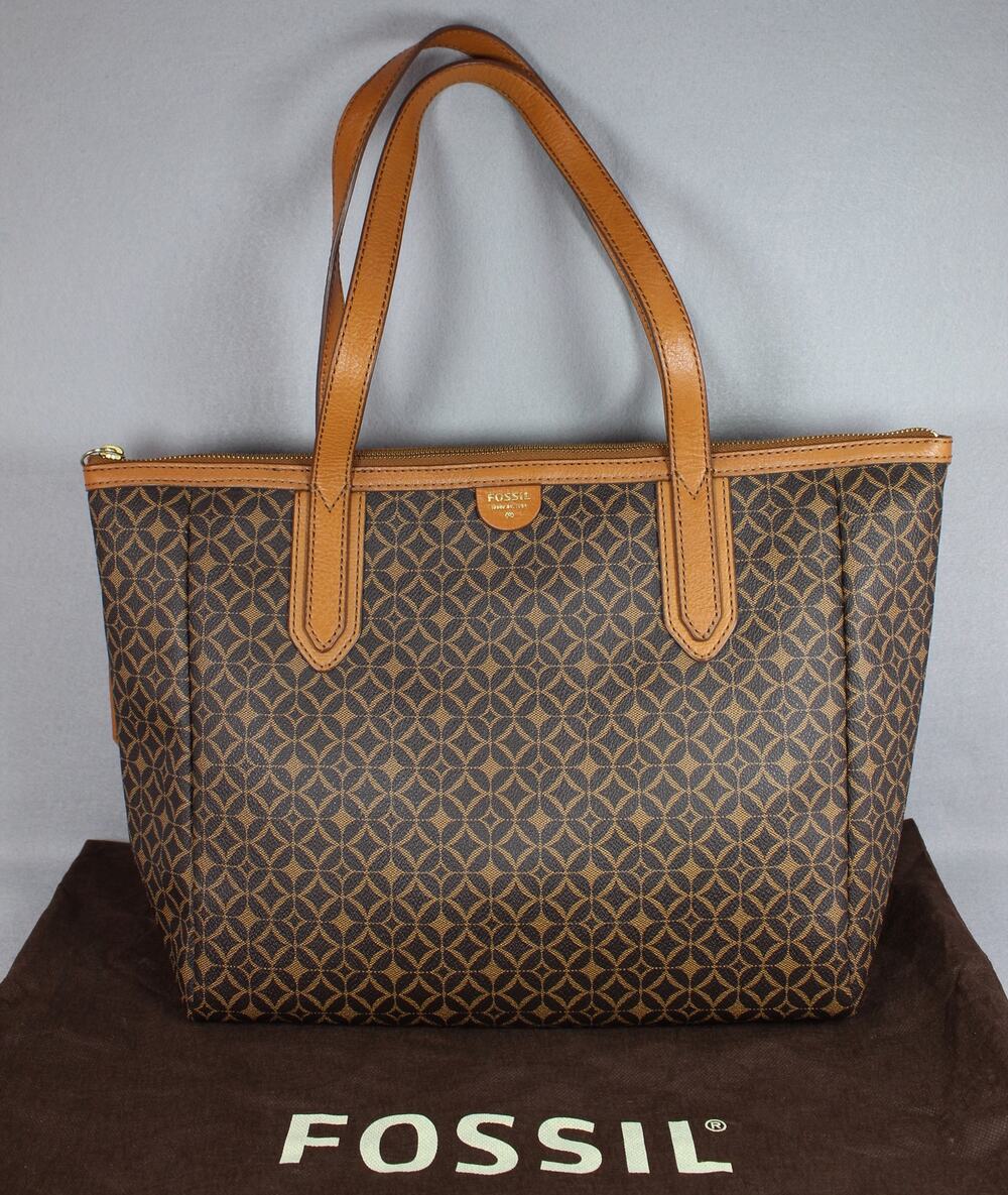 Fossil Sydney Signature Shopper Large Tote Bag Women's Brown Geometric Handbag